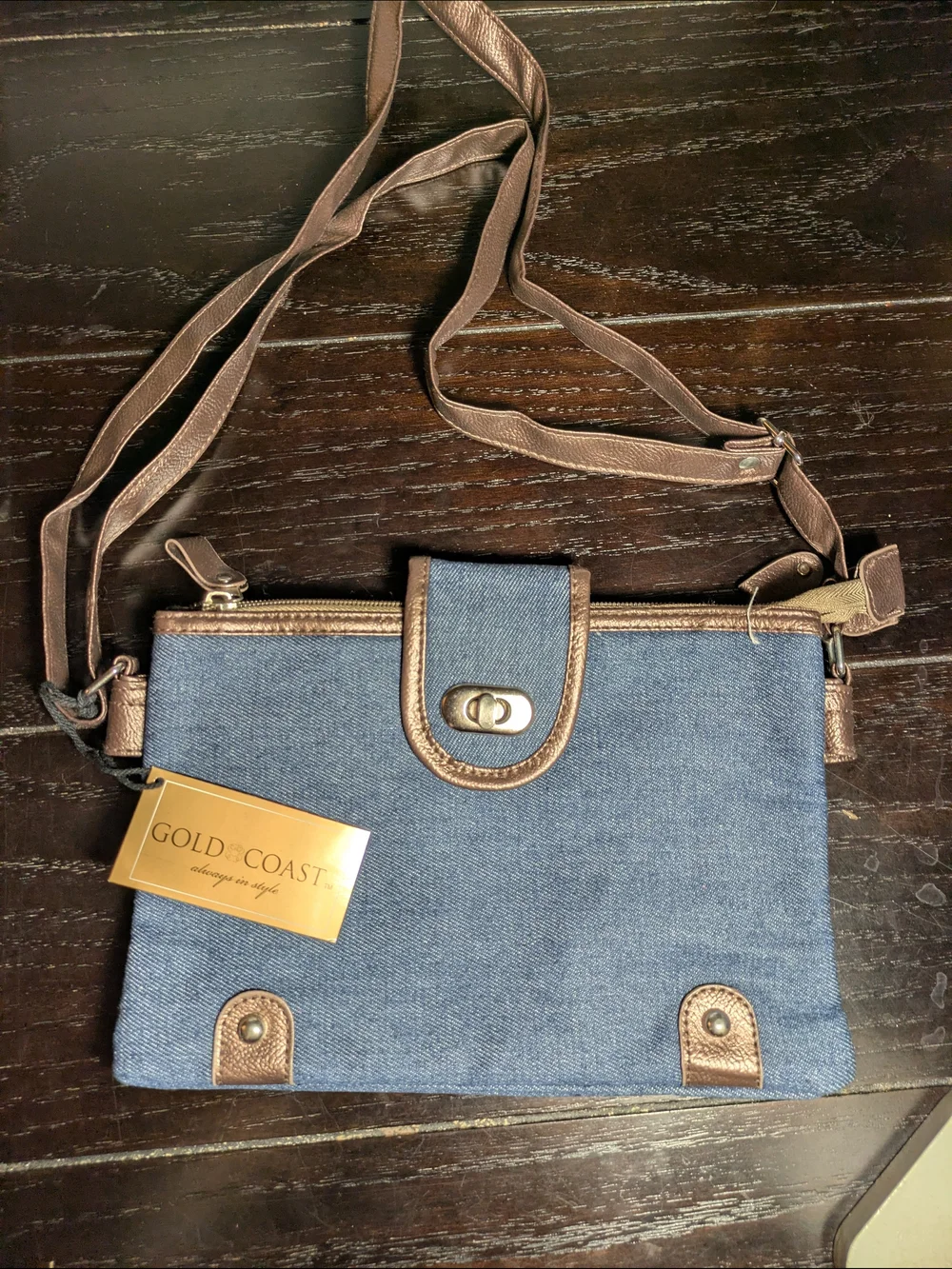 Gold Coast Denim Handbag Bag And Matching Watch - Blue with Brown Trim